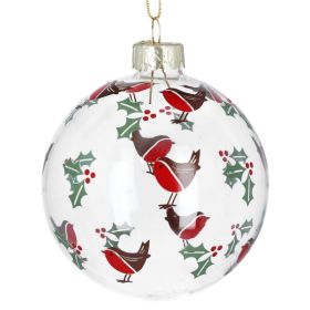 Clear Glass Ball With Robins/Holly